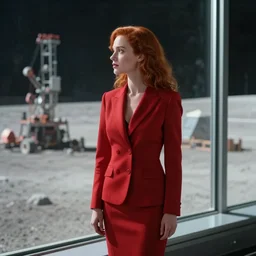 a still from the move 2 0 4 9 depicting a beautiful young redheaded businesswoman in a tailored red suit staring out of a plate glass window. outside is the surface of the moon, mining operations are visible. sci fi, futuristic, cinematic, soft lighting