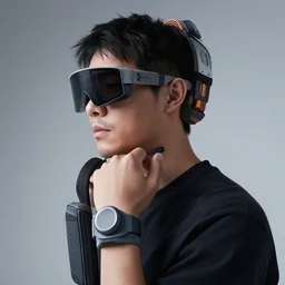 Close upper body shot. Artistically angled subject.  Professional studio portrait lighting. Wearing Technological DIY wearables designed by Ikeuchi Hiroto.
