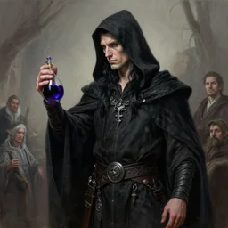 tall hooded male aasimar alchemist, ear - length raven - black hair, holding a bottle of poison | | realistic shaded, fine details, realistic shaded lighting painting by greg rutkowski, diego gisbert llorens, magali villeneuve, artgerm, jeremy lipkin, michael garmash, rob rey