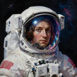 a close - up view, renaissance portrait of a space astronaut surrounded by nebula. reflections on helmet glass. deep blue and pink tones. gloomy dark black background. highly detailed fantasy science fiction portrait painting by moebius, syd mead and mikhail vrubel. rich colors, high contrast. artstation