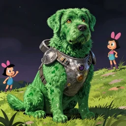 hyperrealist, graphic novel illustration of a bulky green labrador retriever with shaggy green fur with green dye sitting on a grassy hill, wearing armor, pulp 7 0's sci - fi vibes, 9 0's hannah barbara fantasy animation, cinematic, movie still, studio ghibli masterpiece