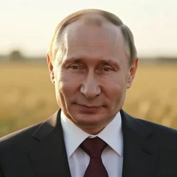 a highly detailed cinematic headshot portrait photograph of a bright and cheerful vladimir putin stood in a field, golden hour, ultra realistic, depth, beautiful lighting, by annie leibovitz, hasselblad, 1 0 0 mm, bokeh, photorealistic, hyperrealistic, octane, masterpiece