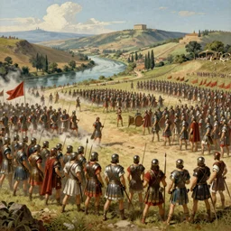 Wide shot of the battle of Cannae 216 BCE, with republic-era Roman soldiers in formations, Carthaginian phalanxes in formations, overlooking river Aufidius Italy, intricate, elegant, highly detailed, donato giancola, Joseph Christian Leyendecker, WLOP, Boris Vallejo, Artgerm