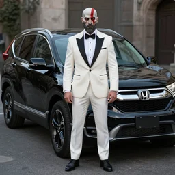 kratos wearing a white tuxedo in a black 2 0 1 7 honda crv, cinematic render, god of war 2 0 1 8, playstation studios offical media, honda, tuxedo, detailed