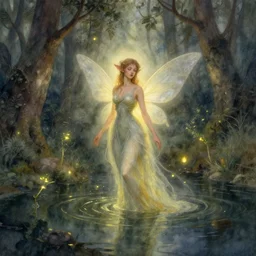 beautiful fae rising from a forest pond, fireflies flying. watercolor fairytale art, russian romanticism, muted palette, intricate details, backlighting