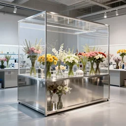 flower shop by science labotory made of stainless steel and translucent, designed by zahahadid