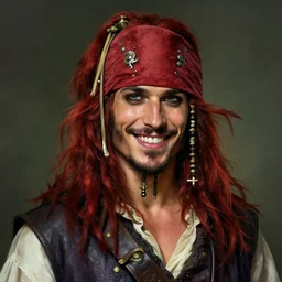 portrait of a young ruggedly handsome but joyful pirate, male, masculine, upper body, red crimson hair, long hair, fantasy, roguish smirk, intricate, elegant, highly detailed, digital painting, artstation, concept art, matte, sharp focus, illustration, art by artgerm and greg rutkowski and alphonse mucha