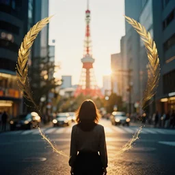 symmetry!! a 2 8 mm macro photo from the back of a woman in tokyo, seen from a distance, splash art, movie still, bokeh, canon 5 0 mm, cinematic lighting, dramatic, film, photography, golden hour, depth of field, award - winning, anamorphic lens flare, 8 k, hyper detailed, 3 5 mm film grain