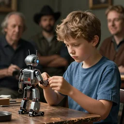 a boy fixing his robot, photorealistic by michael komarck, greg rutkowski, victo ngai, artgerm, willem claesz heda and j. dickenson