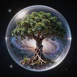 The Tree of Life floating inside a transparent bubble in space in front of a galaxy