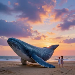 a photograph whale on the beach with short red hair and a little sister surreal, sunrise, dramatic light, impressionist, colorful clouds, imax camera photography, simon stalenhag, rembrandt