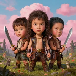 , oversized head a full - body portrait of 3 little cuties tai warlord with 3 times oversized head wearing leather costumes and holding his bronze dagger in an overgrown battlefield, skies with pink fluffy clouds, small forest creatures. artwork by mark ryden and jasmine becket - griffith, 4 k insane detail, pop surrealism