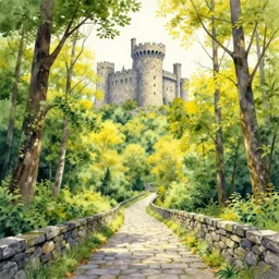 a highly detailed watercolor painting by greg rutkowski and thomas kinkade of a stone path through a forest of green and yellow trees leading to a huge stone castle, highly detailed, watercolor, green, yellow, and grey color scheme