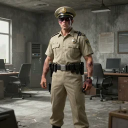 zombie possessed sheriffs officers beige uniform and caps in brutalist concrete office trending on artstation high detail digital painting 4 k 8 k hd