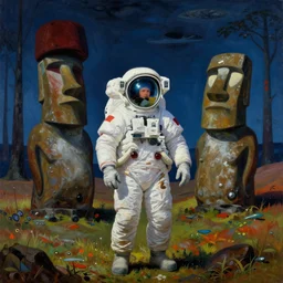 astronaut with easter island statue in taiga landscape by Max Ernst and René Magritte and Yves Tanguy, surrealism, german romanticism style, oil on canvas, cinematic lighting, vibrant, concept art, gothic, contrasting, nightscape