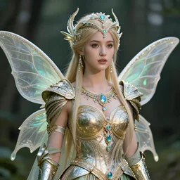 photo of a real-life beautiful fairy with bejewelled armour , highly detailed, 4k