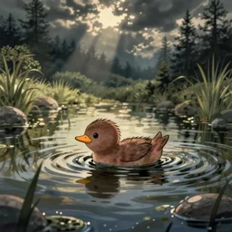 un pato nadando en un lago, dibujo de cuento para ninos