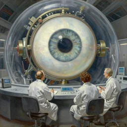 scientists inspecting a giant mechanical eye in a dome - shaped control center, grant wood, pj crook, edward hopper, oil on canvas