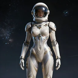 ornate beautiful hourglass feminine elegant cyborg in full body skin space suit, helmet, concept art, joshua rife, photoshoot, intricate, highlydetailed, space background, artstation 4 k raytracing, shadows, highlights, illumination