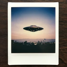 an aged polaroid photo of a ufo flying above los angeles, gloomy, grainy