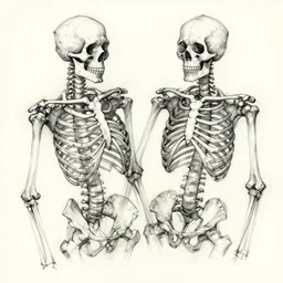 slightly chaotic black ink sketch of two partial skeletons overlapping wireframe by james ensor