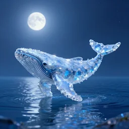 a crystal whale from the azure ocean, moonlight shining through the lake in the water, the dreamy crystal atmosphere ， super wide angle ， matte painting ， rtx on ， trending on cgsociety and artstation, volumetric light ， surreal