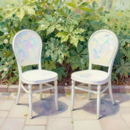 delicate, chairs, garden, paved, botanic watercolors oils, iridescent, 8 k, realistic shaded, fine details, artstation, italian, iron gate, tree, mediterranean