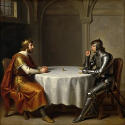 oil painting of king arthur and the knight lancelot sitting at the round table in camelot, artemisia gentileschi
