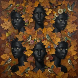 breathtaking detailed concept art painting pattern of black faces goddesses amalgamation autumn leaves with anxious piercing eyes and blend of flowers and birds, by hsiao - ron cheng and john james audubon, bizarre compositions, exquisite detail, extremely moody lighting, 8 k