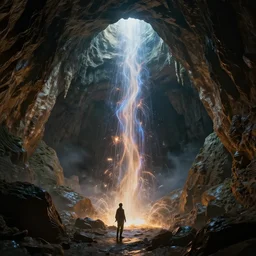 energy stream in a mystical cave, photoreal, dramatic, cinematic, detailed, magnificiant, realistic, photo real, unreal engine 5, rule of thirds, dynamic lighting, in the style of eddie mendoza, raphael lacoste and sebastian luedke
