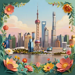 3 d, hyperrealism art glamorous sci - fi poster, a panoramic view of shanghai with a lot of flowers, beautiful whimsical botanical illustration, by android jones and greg rutkowski, digital matte painting, papercut art style, golden ratio