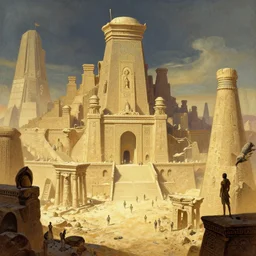 An Ancient cybepunk sumerian city , artwork by James Gurney