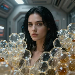 portrait of a beautiful woman with black hair in midst of transparent clear see - through honeycombs. spaceship environment, dramatic lighting, ultra realistic, highly detailed, concept art, photorealistic, octane render, 8 k, unreal engine. art by gustave dore, art by boris vallejo, art by julie bell, art by christopher marley, art by artgerm, art by alphonse mucha