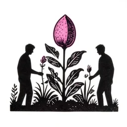 linocut silhouettes of men in a garden growing plants with large and salient nutsacks on top, black on pink on white