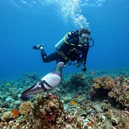 pigeon scuba diving in underwater tropical reef