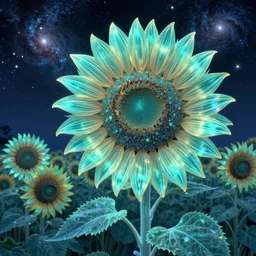 detailed, intricate teal and iridescent, bioluminescent sunflowers in the field, nebula, galaxy in the sky, winning award masterpiece, fantastically beautiful, illustration, aestheticly inspired, jacek yerka, upscale with anguissola sofonisba work, artstation, 8 k - 9