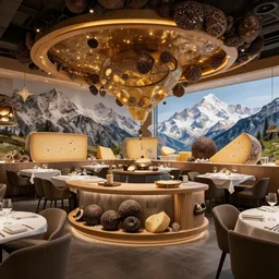 restaurant concept art best raclette of the world, michelin star restaurant, cheese and truffle, amazing decoration alps theme, octane render 8 k, photography unreal engine 5, beautiful lighting
