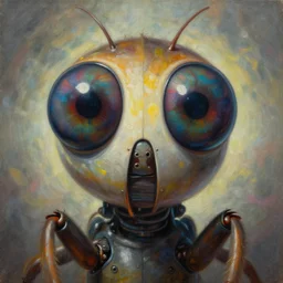 holy saint aura battle robot award winning closeup portrait huge insect eyes symmetry faded tetrachromacy desaturated colors trippy background tim hildebrandt wayne barlowe bruce pennington donato giancola larry elmore masterpiece trending on artstation cinematic composition beautiful lighting hyper detailed!!! 8 k oil on canvas