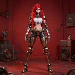 a beautiful red - haired cyborg girl with steampunk iron legs stands in the dog pose in the red room height detailed 8 k