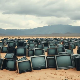 dream - like field of broken televisions buried in sand, tvs, masterpiece, mountains, rain clouds, professional photograph
