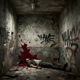 Manhunt 3 asylum level concept art, 4k, photorealistic, hd, decrepit walls, falling tiles, graffiti, gritty, splash of dark red near an unconscious person