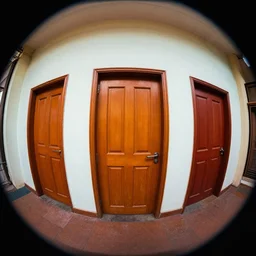 theatre access corridor background, 3 doors, fish eye, color, vibrant, by ankita paul
