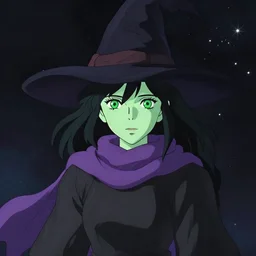 green female witch wearing a purple scarf, jet black hair, bright green eyes and pale greenish skin, simple black dress and black witch hat, detailed perfect face, mid view, design on a dark starry background, by studio muti, greg rutkowski makoto shinkai takashi takeuchi studio ghibli