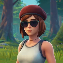Fortnite; I want to see a girl alone in the forest with short brown hairm, wearing a beret; sun glasses ; Fortnite