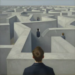 first - person view of a stark concrete maze with people looking into portholes, grant wood, pj crook, edward hopper, oil on canvas