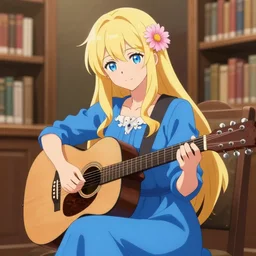 a protrait of a blonde woman with a long, blue dress, blue eyes and a pink daisy in her hair sitting in a library playing guitar, anime style