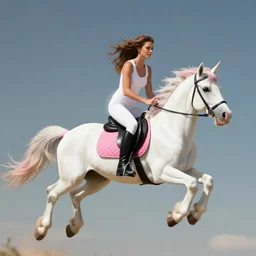 woman riding a flying unicorn