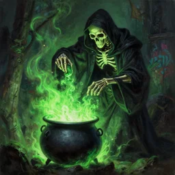 A highly detailed oil painting by Greg Rutkowski of a skeleton wearing black robes making a potion in a huge bubbling cauldron glowing bright green, with lots of fire coming from it, highly detailed fantasy concept artwork, very realistic, green and black color scheme, graffiti.