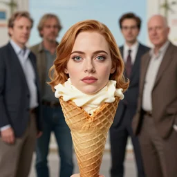 anthropomorphic ice cream cone with the face of emma stone, epic composition, 2 0 0 mm focal length, donato giancola, tim hildebrandt, wayne barlow, bruce pennington, larry elmore