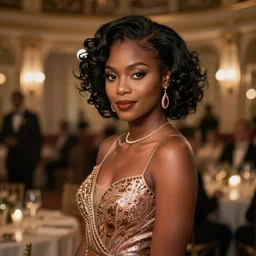 portrait photograph of an glamorous black woman wearing a dress in a ballroom. super resolution. 85 mm f1.8 lens.bokeh.graflex. Alessio albi